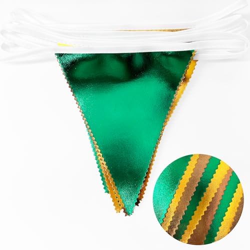 Green Gold Brown Metallic Fabric Triangle Pennant Banner Flag Bunting Garland for Football Jungle Safari Wild Woodland Birthday Baby Shower Wedding Bachelorette Graduations Party Decorations Supplies - Image 3
