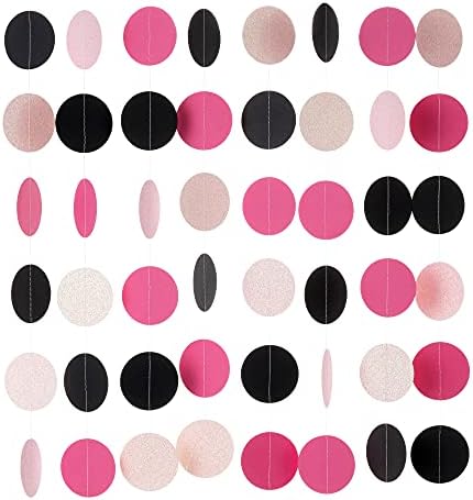 WEVEN Hot Pink Black Iridescent Glitter Paper Garland Circle Dot Streamers Party Banner for Birthday Decorations Supplies, 2.5" in Diameter, 20 Feet in Total by WEVEN