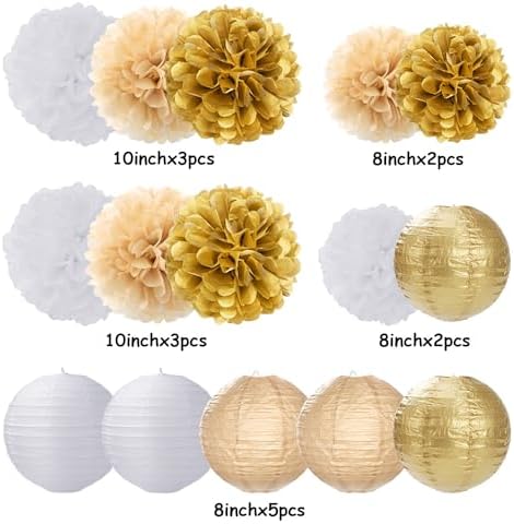 White Gold Party-Decorations Paper Flowers Lanterns - 15PCS Engagement Birthday Graduation Wedding Tissue Pom Poms Streamers,Neutral Bachelorette Baby Bridal Shower Hanging Supplies Decor Hugfond - Image 6