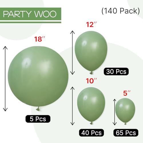 PartyWoo Sage Green Balloons 140pcs Olive Eucalyptus Dusty Green Boho Color - Image 6