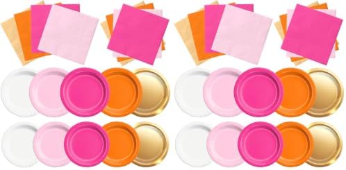 CMUSKO Pink and Orange Party Decorations - 60Pcs Sunset Tropical Plates and Napkins Pink Pumpkin Halloween Tableware for Birthday,Baby Shower, Bachelorette Party (Pack of 2) by CMUSKO