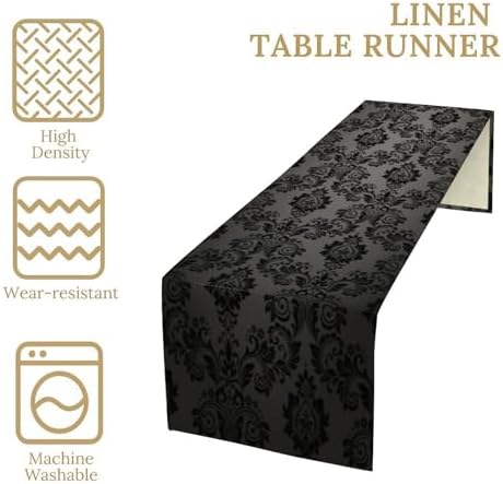 Black Damask Table Runner, Vintage Gothic Floral Exotic Bohemian Antique Victorian Baroque Dinner Runner for Farmhouse Party Holiday Home Kitchen Dining Table Decor 13"x70" - Image 4
