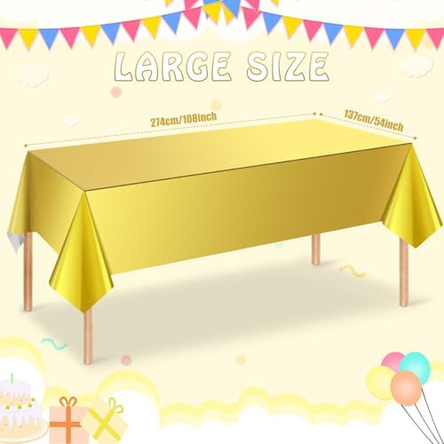 6 Pack Gold Plastic Tablecloth, Disposable Rectangle Table Covers, Holographic Metallic Foil Tablecloth Gold Party Supplies Decorations for Birthday Graduation Anniversary Bachelorette, 54x108Inch - Image 2