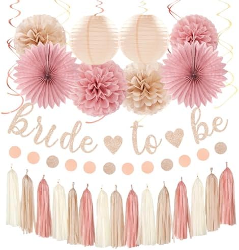 Blush-Pink Rose-Gold Bridal-Shower Fall Party-Decorations - 31pcs Bride to Be Sign Banner,Bachelorette Paper Lanterns,Wedding Streamers Garland,Boho Peach Tissue Pom Poms Fans Decor Supplies Burgleda by Burgleda
