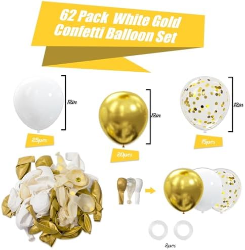 62pcs Gold White Balloons Kit - 12 Inches Gold White Confetti Party Decoration Balloons for Graduation Baby Shower Birthday Wedding Party Decorations Supplies - Image 3