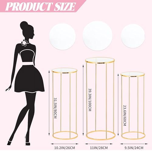 3PCS Cylinder Pedestal Stands for Parties, Gold Metal Plant Round Cylinder Stands for Party Flowers, Display Columns Pedestal Stand Cylinder Tables for Vases Birthday Party Backdrop Decorations - Image 3