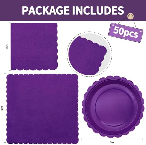 100Pcs Purple Party Supplies Including Scalloped Purple Paper Plates Napkins Serves 50,Disposable Mother's Day Party Dinnerware Set for Birthday Graduation - Image 2