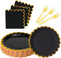 black & gold scalloped party plates with napkins and fork gold foil border, 24 Guest Black disposable Tableware Set Party Decoration for Birthday Coquette Bridal Baby Shower Valentines by Leapig