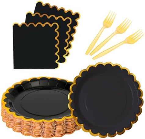 black & gold scalloped party plates with napkins and fork gold foil border, 24 Guest Black disposable Tableware Set Party Decoration for Birthday Coquette Bridal Baby Shower Valentines by Leapig