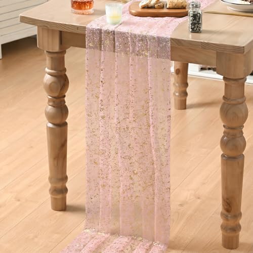 Artoid Mode 3PC Gold Gauze Pink Table Runner 120 Inch 10FT, Glitter Metallic Foil Sheer Dining Wedding Anniversary Holiday Birthday Table Decor for Home Party - Image 5