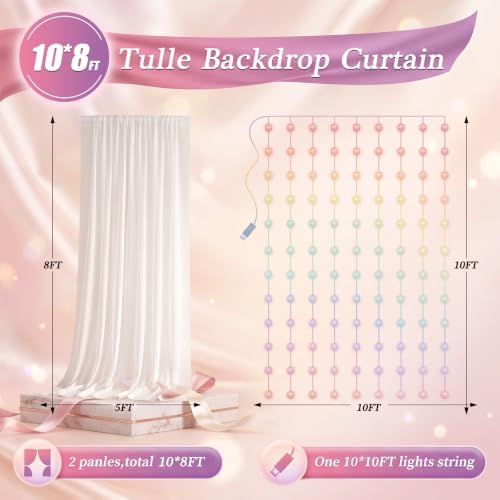 Ledido 10×8ft White Tulle Backdrop Curtains with RGB Lights, 2 Panels 5×8ft - Image 2