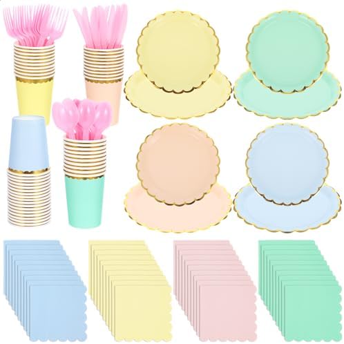 240 Pieces Pastel Party Supplies Disposable Dinnerware Set Include Plates and Cups Napkins Plastic Forks Knives Spoons Tablecloth for Wedding Birthday Party Decorations by Unknown