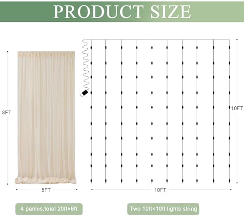 Tulle Backdrop Curtain with Lights 20x8FT Champagne Sheer Curtains - Image 2