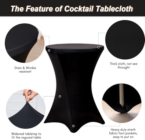 Fixwal 4 Pack Cocktail Tablecloth Bar Top Table Covers Round Black Spandex - Image 2