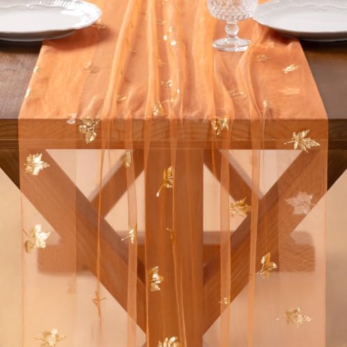 Gold Gauze Table Runner Fall Maple Leaf Sheer Party Centerpiece Table Decor - Image 2
