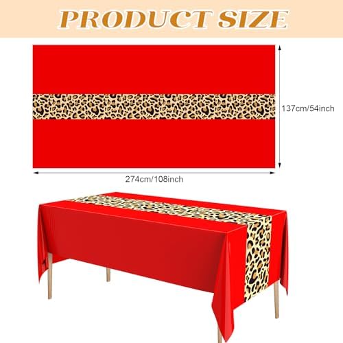 Buryeah 3 Pcs 54 x 108'' Plastic Disposable Leopard Tablecloth, Red - Image 2