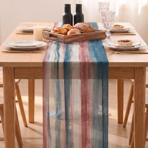 Artoid Mode Boho Blue Red Stripes 4th of July Chiffon Table Runner 120 Inches 10FT,Seasonal Fabric Kitchen Dining Holiday Table Decor for Home Party - Image 2