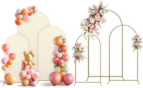 Arch Backdrop Stand and Cover Set, 3 Metal Balloon Arch Backdrop 4ft 5ft 6ft, Gold Arched Stand Frame for Wedding, Parties,Birthday, Backdrop Decorations (Beige,4ft+5ft+6ft) by Holldoor