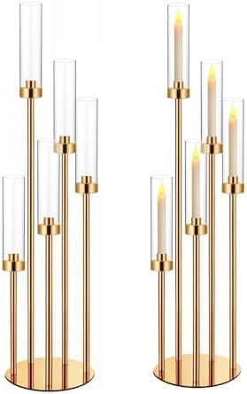 35in 2 Set Gold Candelabra Candle Centerpieces for Tables Candlesticks Holder Wedding Centerpieces Table Decorations Acrylic lampshade Fit 0.9" LED Candle 5 arm by MEISHAONV