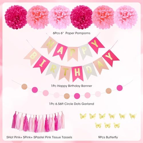Hot Pink Birthday Party Decorations for Women Girls Happy Birthday Banner - Image 3