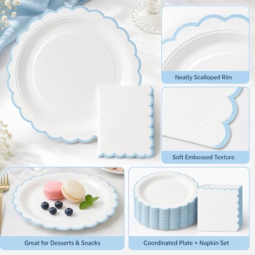 50 Pcs Blue and White Paper Plates and Napkins, 7 Inch Disposable Scalloped Plates & Napkins Party Supplies Cake Dessert Plate Tableware for Baby Shower Bridal Shower Wedding Birthday - Image 4