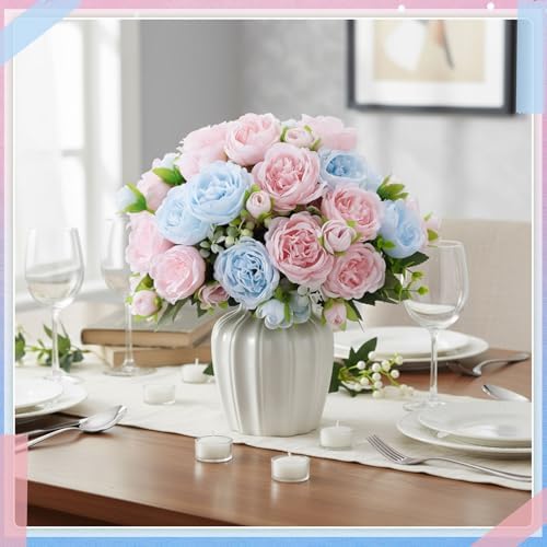 Geosar 8 Bundles Artificial Peonies Flowers,Light Pink, Light Blue - Image 3