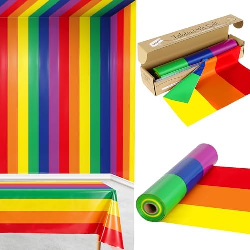 100FT x 54IN Rainbow Plastic Tablecloth Roll with Slide Cutter Box by COSINIA