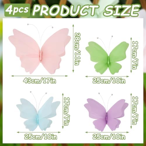 SUNBEAUTY Butterfly Party Decorations, 3D Butterflies, Water Proof Wedding Decor, Hanging Butterflies for Baby Shower Birthday Decor Party Girls, Women, PET Plastic Butterfly for Wall Decor, Set of 4 - Image 2