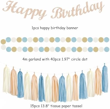 Light-Dusty Blue 18th Happy-Birthday Party-Decorations - 31pcs Women Girls Paper Lanterns Streamers Banner,Tissue Pom Poms Fans Tassels Graland Decor,Beige Champagne Wall Backdrop Supplies Hugmoon - Image 3