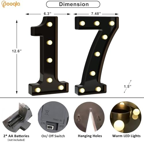 Pooqla 17th Birthday Decorations for Boys, Large Black Light Up Numbers - Image 4