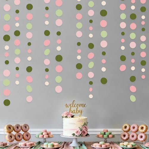 Sage Green and Dusty Pink Polka Dots Garlands Olive Green Dusty Rose Beige Hanging Paper Circle Dots Streamer for Girls Birthday Wedding Shower Engagement Bachelorette Party Decorations Supplies - Image 6