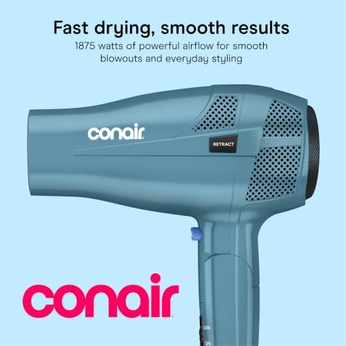 Conair Travel Hair Dryer, Dual Voltage, Folding Handle, 1875W, Blue - Image 2
