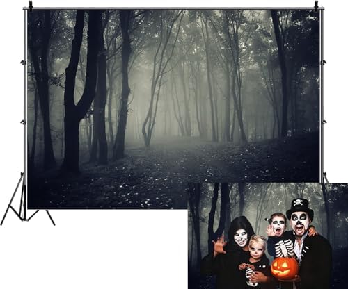 Vintage Dark Misty Forest Backdrop for Halloween Party Spooky Gothic Horror Theme Movies Foggy Woods Dirt Path Trees Background Photography Studio Photo Booth Props 8x6ft by CRTPODHomeDecor