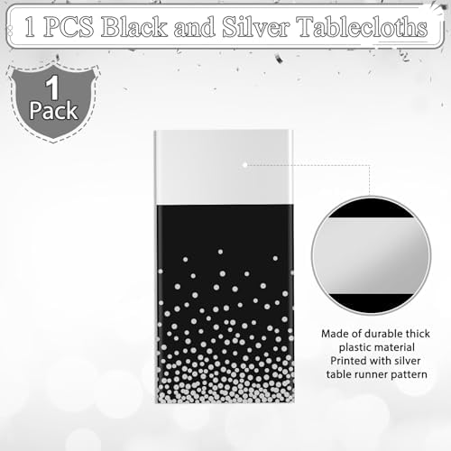 1Pcs Black Silver Tablecloth Party Decorations,Plastic Black Table Cloth Printed Silver Table Runner Disposable Rectangle Table Cover for Birthday Anniversary Wedding Graduation Party,54 x108 Inch - Image 4
