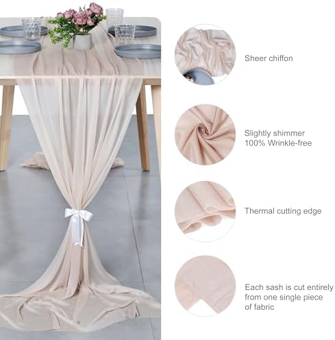Pack of 5 Chiffon Table Runners 29 x 120 Inch, 14FT Long - Nude - Image 6