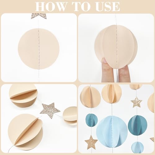 Dusty Blue Champagne Gold Beige 3D Polka Dot Star Hanging Streamer Circle Dot Star Garland Banner for Birthday Bridal Shower Wedding Engagement Nautical Party Decorations Supplies - Image 3