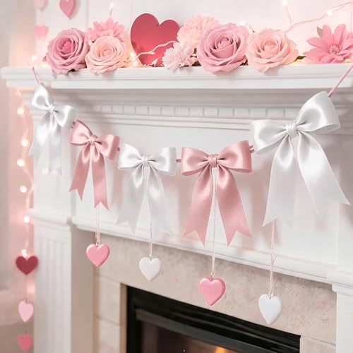 1 Strings Pink White Bow Garland Banner Decorations, Pre-Strung Satin Ribbon Bows for Birthday, Baby Shower, Bridal Shower, Coquette Girls Room, Bow Themed Party, Wedding, Christmas Tree Decorations by AERORIBOWEnjoyEveryDay