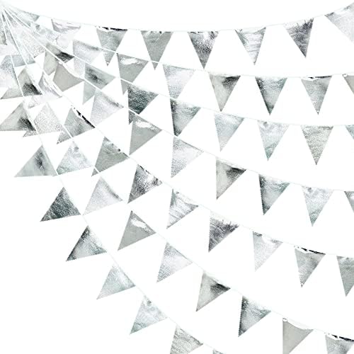 Silver Party Decorations Metallic Fabric Triangle Pennant Banner Silver Flag Bunting Garland for Graduation Birthday Wedding Bridal Shower Anniversary Engagement Bachelorette Party Decoration Supplies by pinkblume