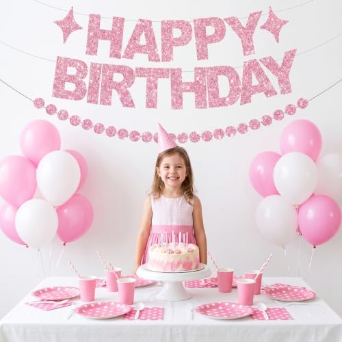 BEISHIDA Pre-Strung Glitter Pink Happy Birthday Banner Party Decoration - Image 4