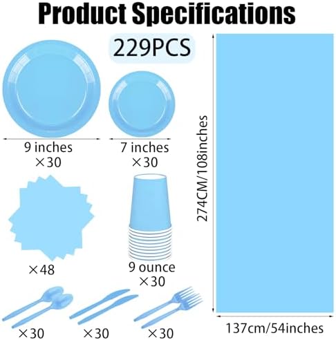 229PCS Light Blue Party Supplies Set Disposable Paper Plates Cups - Image 2