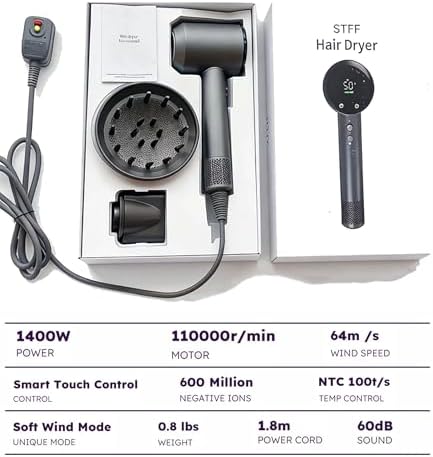 STFF ion Hair Dryer high Speed brushless Motor with Blow Dryer Diffuser,1400W Ultra-Fast Dryer,Ultra-Ligh, Low Noise,Intelligent LCD Display,for Women/Children - Image 6