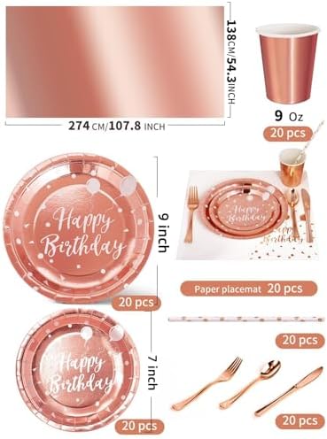 Nkaiso 161 Pcs Rose gold Birthday Plates and Napkins Set -20 Serves - Image 3