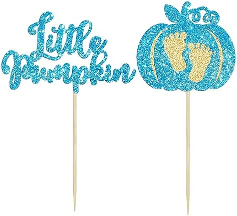 Ephlyn 24Pcs Little Pumpkin Cupcake Toppers Glitter Pumpkin Cupcake Picks Little Pumpkin Boy Baby Shower Decorations Fall Harvest Theme Baby Shower Kids Birthday Party Supplies Blue - Image 3