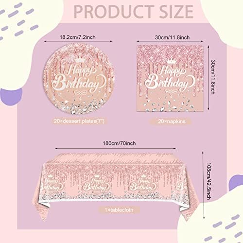 41Pcs Rose Gold Birthday Party Decorations - Pink Rose Gold Theme Supplies - Includes 20 Plates, 20 Napkins and 1 Tablecloth for Girls Women - Image 2