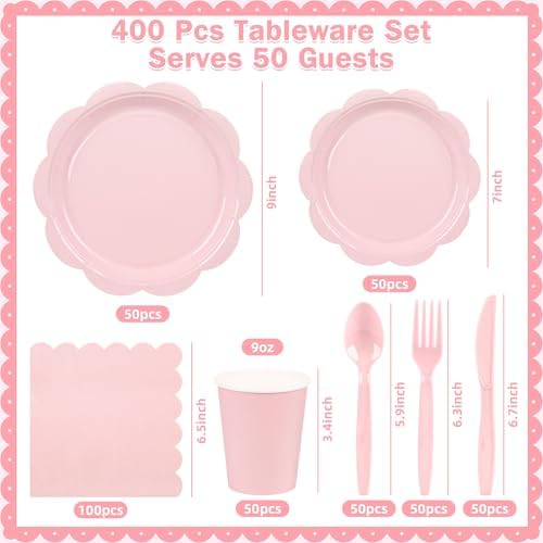 400 Pcs Pink Paper Plates and Napkins Party Supplies Serve for 50 Guests - Image 2