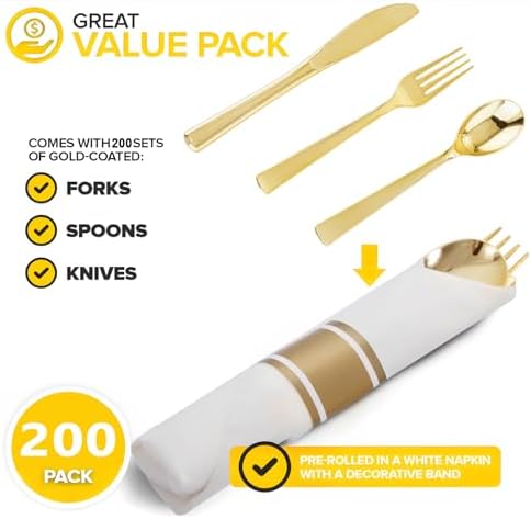 200 Pack Pre Rolled Gold Silverware Set Disposable for Wedding - Image 2