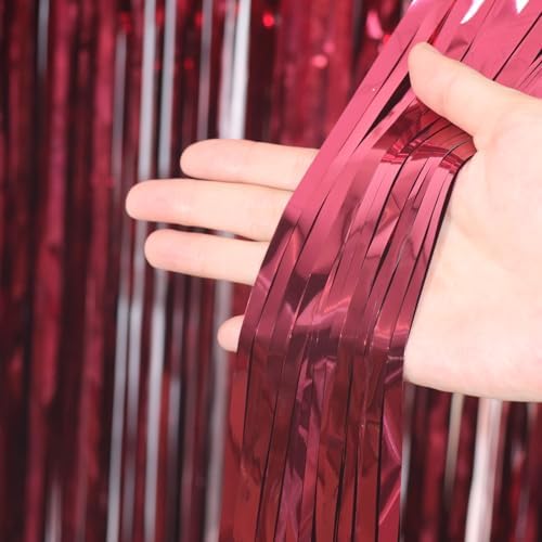Voircoloria Burgundy Foil Fringe Backdrop Curtains, 3.3x6.6ft, 6pcs - Image 2