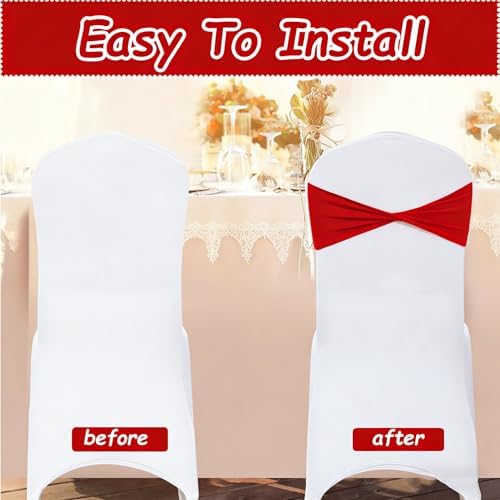 Spandex Red Chair Sashes Bows 60 Pcs Red Chair Sashes Elastic Chair Cover Bands Ties Without Buckle for Wedding Birthday Party Ceremoney Events Decoration - Image 4