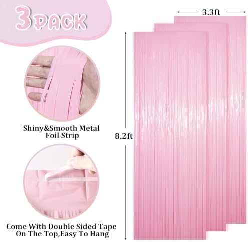 Voircoloria Pastel Pink Foil Fringe Backdrop Curtains, 3.3x8.2ft, 3 Pack - Image 2
