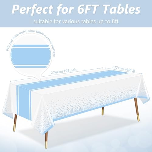 LANLISA White and Blue Tablecloth Party Decorations 6 Pack, Disposable Plastic Table Cloths for Baby Shower Birthday Wedding Party Decor - Image 3